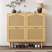 Merax Light Oak 4 Flip Drawers Rattan Shoe Storage Cabinet for Hallway
