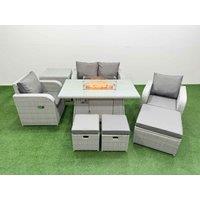 Fimous Light Grey PE Wicker Rattan Garden Furniture Set Sofa Set Reclining Chair Firepit Dining Table 7 Seater 3 Stools Side Table