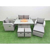 Fimous Light Grey PE Wicker Rattan Garden Furniture Set Sofa Set Reclining Chair Firepit Dining Table 7 Seater 3 Stools 2 Side Table