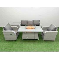 Fimous PE Rattan Garden Furniture Set Reclining Chair Sofa Lounge Sofa Set Firepit Dining Table Side Table Light Grey