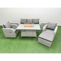Fimous PE Rattan Garden Furniture Set Reclining Chair Sofa Lounge Sofa Set Firepit Dining Table 2 Side Table Big Footstool Light Grey