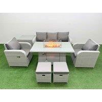 Fimous PE Rattan Garden Furniture Set Reclining Chair Sofa Lounge Sofa Set Firepit Dining Table Side Table 2 Small Stools Light Grey