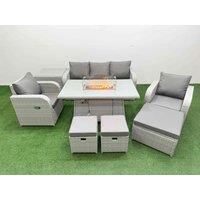 Fimous PE Rattan Garden Furniture Set Reclining Chair Sofa Lounge Sofa Set Firepit Dining Table Side Table 3 Stools Light Grey