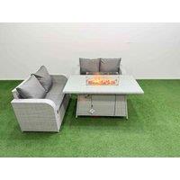 Fimous 4 Seater Outdoor Love Sofa Set Rattan Garden Furniture Set with Firepit Dining Table Light Grey