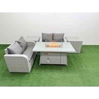 Fimous 4 Seater Outdoor Love Sofa Set Rattan Garden Furniture Set with Firepit Dining Table 2 Side Tables Light Grey