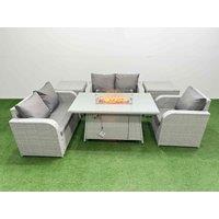 Fimous High Back Poly Rattan Garden Furniture Set w/ Reclining Chair Loveseat Sofa Firepit Dining Table Indoor Outdoor Patio Set 2 Side Table Light