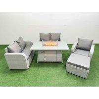 Fimous High Back Poly Rattan Garden Furniture Set w/ Reclining Chair Loveseat Sofa Firepit Dining Table Indoor Outdoor Patio Set Big Stool Light Grey