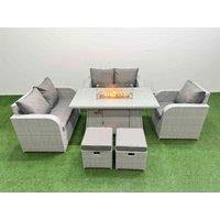 Fimous High Back Poly Rattan Garden Furniture Set with Reclining Chair Loveseat Sofa Firepit Dining Table Indoor Outdoor Patio Set 2 Stool Light Grey