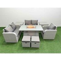 Fimous High Back Poly Rattan Garden Furniture Set w/ Reclining Chair Loveseat Sofa Firepit Dining Table Indoor Outdoor Patio Set 2 Stool 2 Side Table