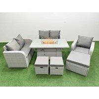 Fimous High Back Poly Rattan Garden Furniture Set with Reclining Chair Loveseat Sofa Firepit Dining Table Indoor Outdoor Patio Set 3 Stools Light Grey