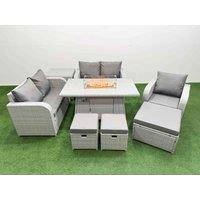 Fimous High Back Poly Rattan Garden Furniture Set w/ Reclining Chair Loveseat Sofa Firepit Dining Table Indoor Outdoor Patio Set 3 Stools Side Table