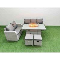Fimous 7 Seater PE Rattan Wicker Garden Furniture Patio Conservatory Sofa Set with Firepit Dining Table 3 Seater Sofa Love Sofa 2 Stools in Light Grey