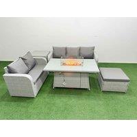 Fimous 6 Seater PE Rattan Wicker Garden Furniture Patio Conservatory Sofa Set w/ Firepit Dining Table 3 Seater Sofa Love Sofa Big Footstool Side