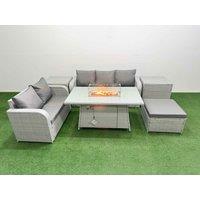 Fimous 6 Seater PE Rattan Wicker Garden Furniture Patio Conservatory Sofa Set w/ Firepit Dining Table 3 Seater Sofa Love Sofa Big Footstool 2 Side