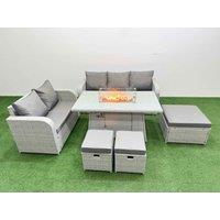 Fimous 8 Seater PE Rattan Wicker Garden Furniture Patio Conservatory Sofa Set with Firepit Dining Table 3 Seater Sofa Love Sofa 3 Stool in Light Grey