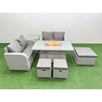 Fimous 7 Seater Outdoor Love Sofa Set Rattan Garden Furniture Set with Firepit Dining Table 3 Footstool Side Table Light Grey