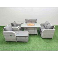 Fimous 7 Seater Outdoor Reclining Chair Love Sofa Set Rattan Garden Furniture Set with Firepit Dining Table Footstool Side Table Light Grey