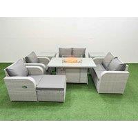 Fimous 7 Seater Outdoor Reclining Chair Love Sofa Set Rattan Garden Furniture Set with Firepit Dining Table Footstool 2 Side Tables Light Grey