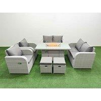 Fimous 8 Seater Outdoor Reclining Chair Love Sofa Set Rattan Garden Furniture Set with Firepit Dining Table 2 Stools Light Grey