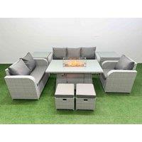 Fimous Patio PE Wicker 8 Seater Outdoor Rattan Furniture Sofa Sets w/ Firepit Dining Table Reclining Chair Loveseat Sofa 3 Seater Sofa Stool 2 Side