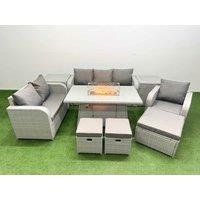 Fimous Patio PE Wicker 9 Seater Outdoor Rattan Furniture Sofa Sets w/ Firepit Dining Table Reclining Chair Loveseat Sofa 3 Seater Sofa Stool 2 Side
