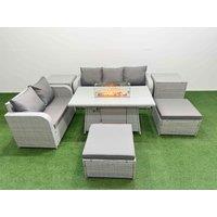 Fimous 7 Seater PE Rattan Wicker Garden Furniture Patio Conservatory Sofa Set w/ Firepit Dining Table 3 Seater Sofa Love Sofa 2 Big Footstool 2 Side