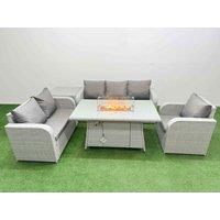 Fimous Patio PE Wicker 6 Seater Outdoor Rattan Furniture Sofa Sets w/ Firepit Dining Table Reclining Chair Loveseat Sofa 3 Seater Sofa Side Table