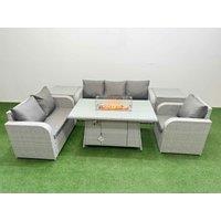 Fimous Patio PE Wicker 6 Seater Outdoor Rattan Furniture Sofa Sets w/ Firepit Dining Table Reclining Chair Loveseat Sofa 3 Seater Sofa 2 Side Table