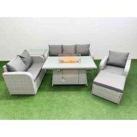 Fimous Patio PE Wicker 7 Seater Outdoor Rattan Furniture Sofa Sets w/ Firepit Dining Table Reclining Chair Loveseat Sofa 3 Seater Sofa Big Footstool