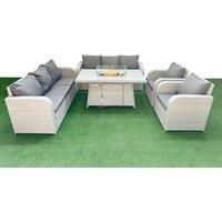 Fimous PE Rattan High Back Lounge Sofa Set Patio Firepit Dining Table & Chairs Set with 3 Seater Sofa Reclining Chair Light Grey