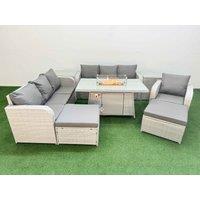 Fimous 9 Seater Poly Rattan Outdoor Garden Furniture Firepit Dining Table Sofa Set Patio 3 Seater Sofa Reclining Chair 3 Seater Sofa 2 Big Footstools
