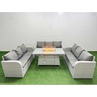 Fimous PE Rattan Lounge Sofa Set 9 Seater Outdoor Garden Furniture Set with Firepit Dining Table 3 Seater Sofa Side Table Light Grey