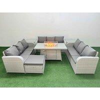 Fimous PE Rattan Lounge Sofa Set 10 Seater Outdoor Garden Furniture Set with Firepit Dining Table 3 Seater Sofa Big Footstool 2 Side Table Light Grey