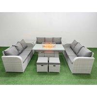 Fimous PE Rattan Lounge Sofa Set 11 Seater Outdoor Garden Furniture Set with Firepit Dining Table 3 Seater Sofa 2 Stools Side Table Light Grey