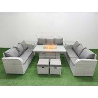 Fimous PE Rattan Lounge Sofa Set 11 Seater Outdoor Garden Furniture Set with Firepit Dining Table 3 Seater Sofa 2 Stools 2 Side Table Light Grey