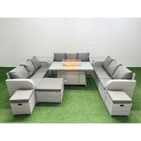 Fimous PE Rattan Lounge Sofa Set 12 Seater Outdoor Garden Furniture Set with Firepit Dining Table 3 Seater Sofa 3 Stools 2 Side Table Light Grey