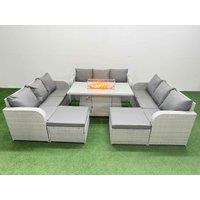 Fimous PE Rattan Lounge Sofa Set 11 Seater Outdoor Garden Furniture Set with Firepit Dining Table 3 Seater Sofa 2 Big Footstools Light Grey