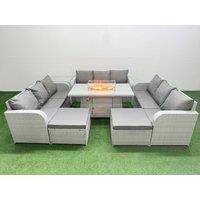 Fimous PE Rattan Lounge Sofa Set 11 Seater Outdoor Garden Furniture Set with Firepit Dining Table 3 Seater Sofa 2 Big Footstools Side Table Light Grey