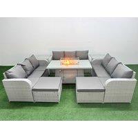 Fimous PE Rattan Lounge Sofa Set 11 Seater Outdoor Garden Furniture Set w/ Firepit Dining Table 3 Seater Sofa 2 Big Footstools 2 Side Table Light Grey