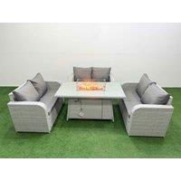 Fimous 6 Seater PE Wicker Rattan Furniture Sofa Sets with Firepit Dining Table 2 Seater Love Sofa Light Grey