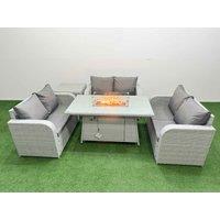 Fimous 6 Seater PE Wicker Rattan Furniture Sofa Sets with Firepit Dining Table 2 Seater Love Sofa Side Table Light Grey