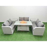 Fimous 6 Seater PE Wicker Rattan Furniture Sofa Sets with Firepit Dining Table 2 Seater Love Sofa 2 Side Table Light Grey