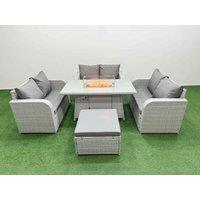 Fimous 7 Seater PE Wicker Rattan Furniture Sofa Sets with Firepit Dining Table 2 Seater Love Sofa Big Footstool Light Grey