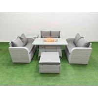 Fimous 7 Seater PE Wicker Rattan Furniture Sofa Sets with Firepit Dining Table 2 Seater Love Sofa Big Footstool Side Table Light Grey