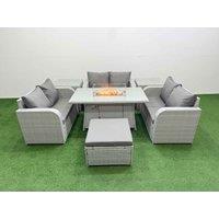Fimous 7 Seater PE Wicker Rattan Furniture Sofa Sets with Firepit Dining Table 2 Seater Love Sofa Big Footstool 2 Side Table Light Grey