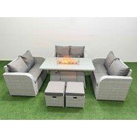 Fimous 8 Seater PE Wicker Rattan Furniture Sofa Sets with Firepit Dining Table 2 Seater Love Sofa 2 Stool Light Grey