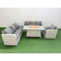 Fimous 7 Seater Poly Rattan Outdoor Garden Furniture Firepit Dining Table Sofa Set Patio 3 Seater Sofa Reclining Chair 3 Seater Sofa Side Table Light