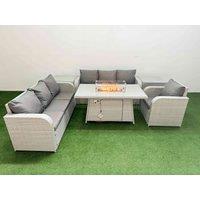 Fimous 7 Seater Poly Rattan Outdoor Garden Furniture Firepit Dining Table Sofa Set Patio 3 Seater Sofa Reclining Chair 3 Seater Sofa 2 Side Table
