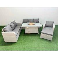 Fimous 8 Seater Poly Rattan Outdoor Garden Furniture Firepit Dining Table Sofa Set Patio 3 Seater Sofa Reclining Chair 3 Seater Sofa Big Footstool