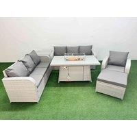 Fimous 8 Seater Poly Rattan Outdoor Garden Furniture Firepit Dining Table Sofa Set Patio 3 Seater Sofa Reclining Chair 3 Seater Sofa Big Footstool